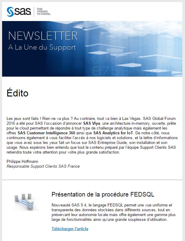 newsletter support SAS mai 2016