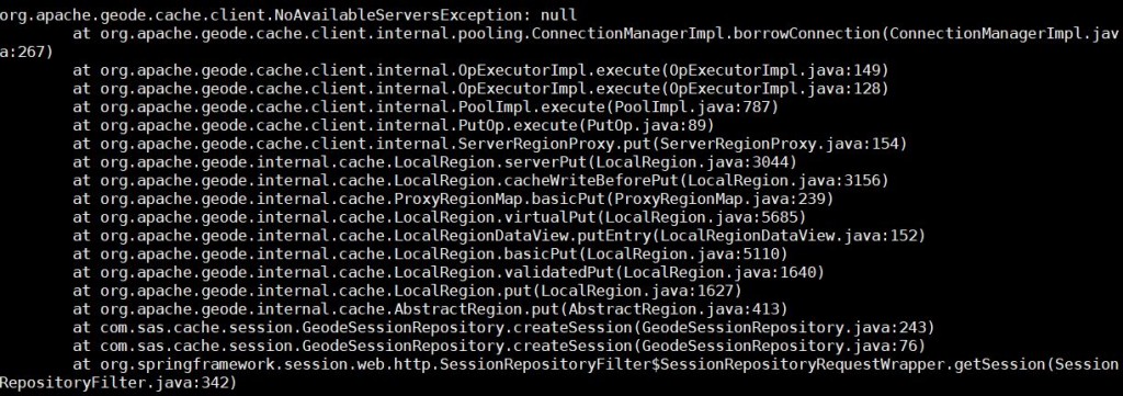 Uncaught Exception: org.apache.geode.cache.client.NoAvailableServersException: null
