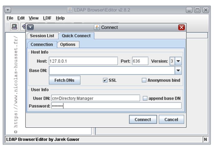 Exemple de test de connexion à LDAP avec l’outil JAVA LDAPBrowser Editor