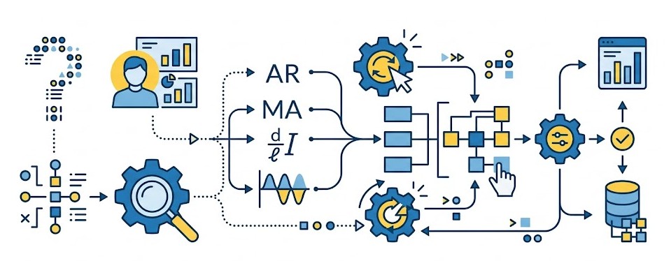 Comment spécifier la structure d'un modèle ARIMA (ordres AR, I, MA, saisonniers) avec l'action 'arima' ?