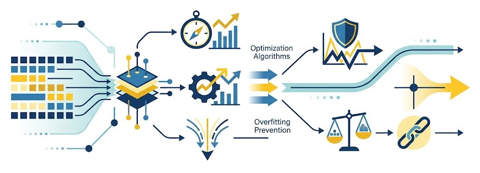 Quels algorithmes d'optimisation sont disponibles et comment prévenir le phénomène de surapprentissage lors de l'entraînement ?