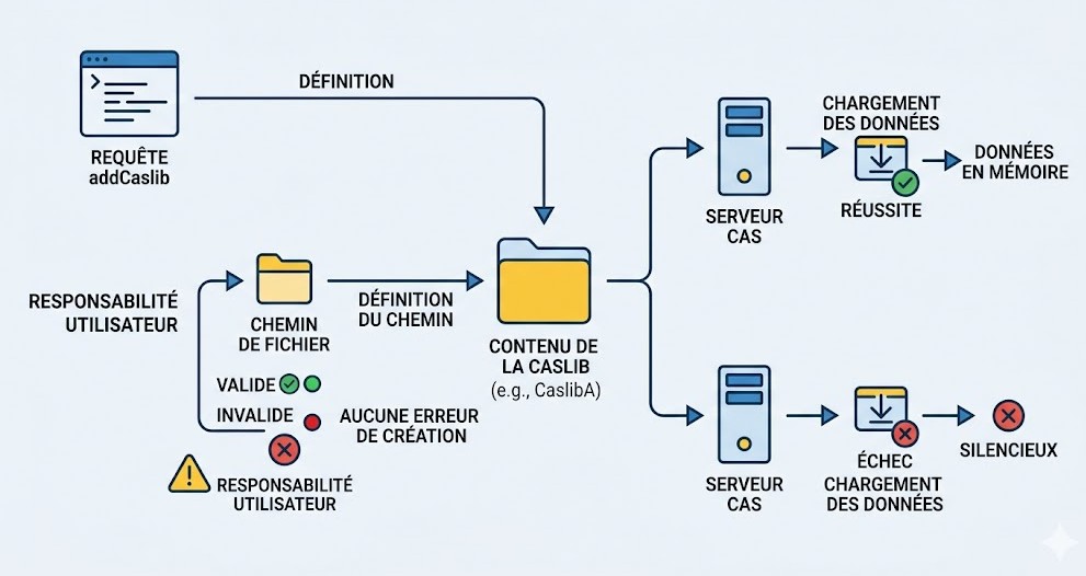 Schéma : Quelles sont les considérations importantes concernant les chemins non valides lors de l'utilisation de addCaslib?